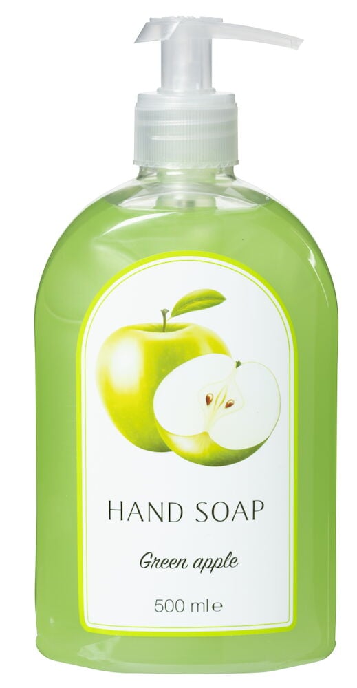 Grüne Seifenpumpe mit Apfelmotiv auf dem Etikett.