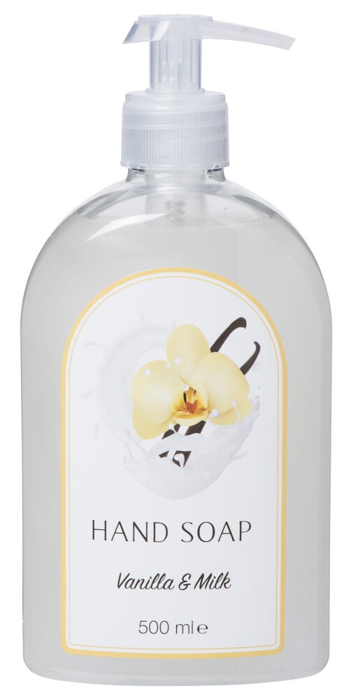 Durchsichtige Plastikflasche mit Pumpe und Blumenetikett.