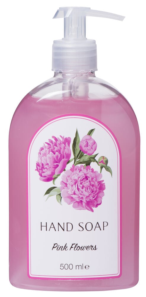 Rosa Handseife in Plastikflasche mit Pumpe und Blumen.