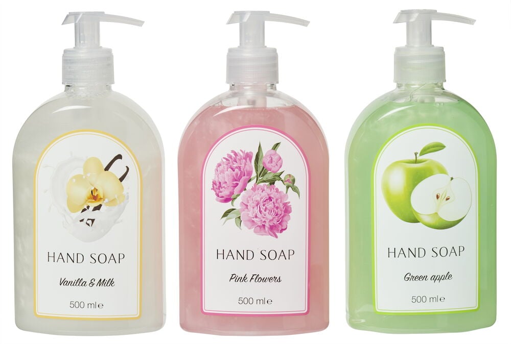 Tre tvålpumpar med olika färger och motiv.