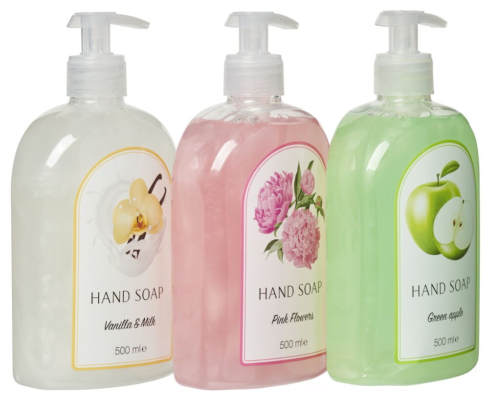 Drei Flaschen flüssige Handseife mit verschiedenen Düften.