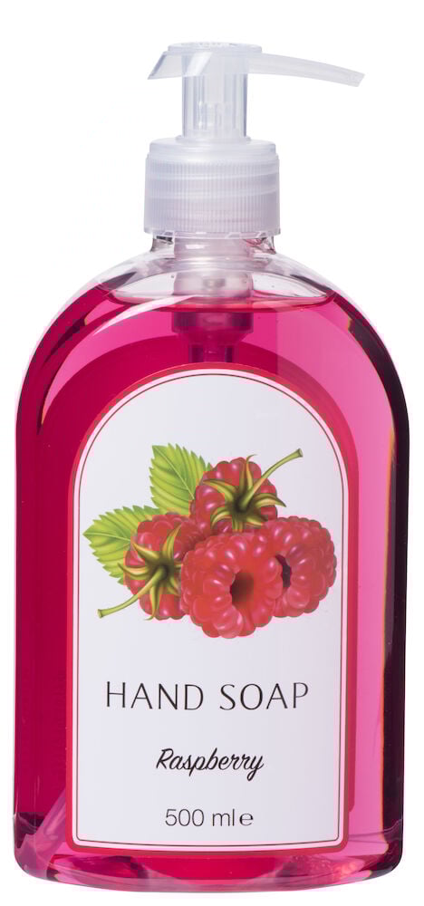 Eine durchsichtige Plastikflasche mit rosa Handseife.