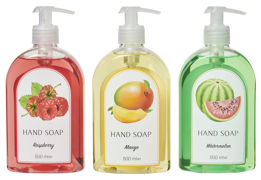 Tre pumpflaskor med handtvål i olika färger.