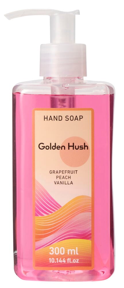 Käsisaippua 300 ml Valikoima kirkkaassa suorakaiteen pullossa, jossa pinkki neste ja valkoinen pumppu.