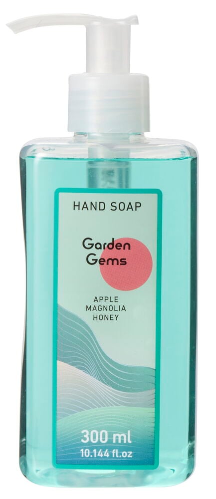 Kirkas suorakaiteen muotoinen Käsisaippua 300 ml Valikoima pullo, jossa on vaaleansinistä nestettä ja valkoinen pumppuannostelija.