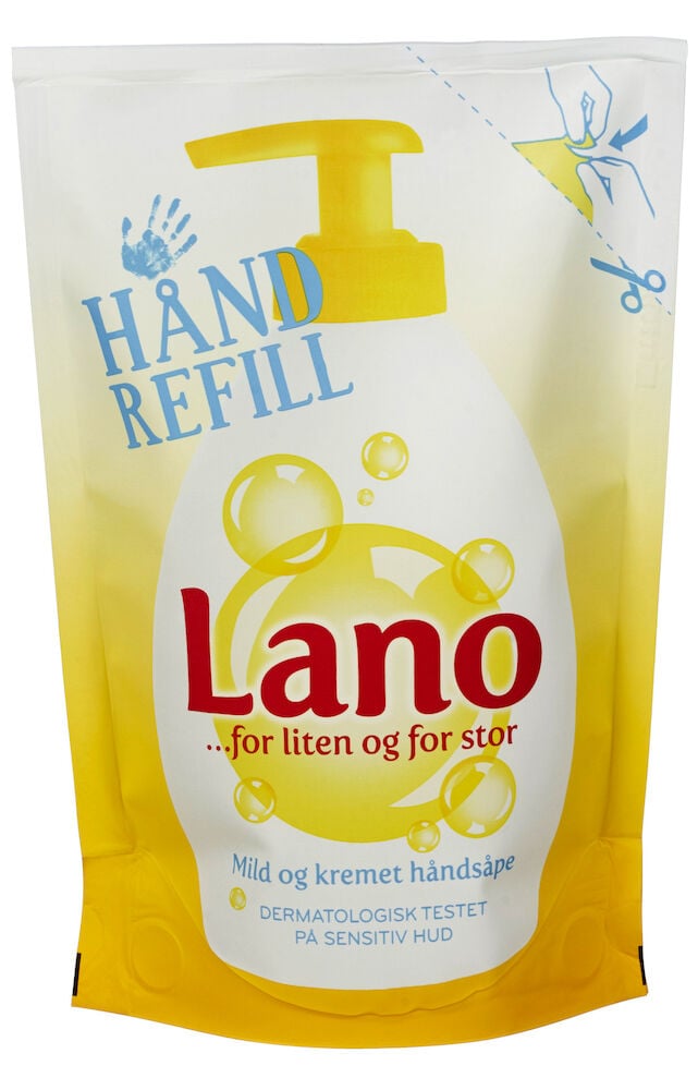 Refillpose med gul flytende håndsåpe fra Lano.