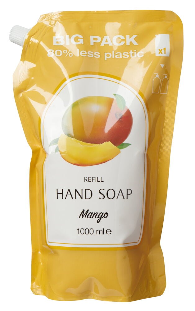 Gul refillpåse flytande tvål doft av mango.