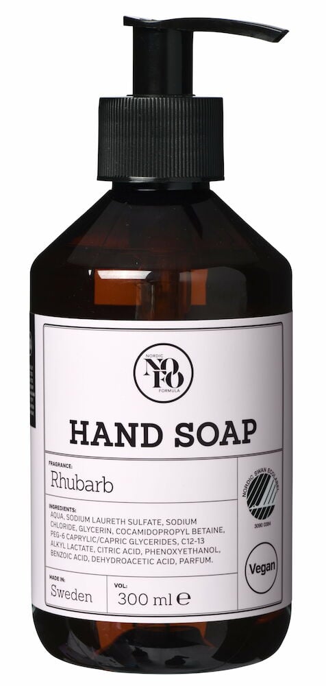 Brun plastflaska med pump, etikett handtvål rabarber.