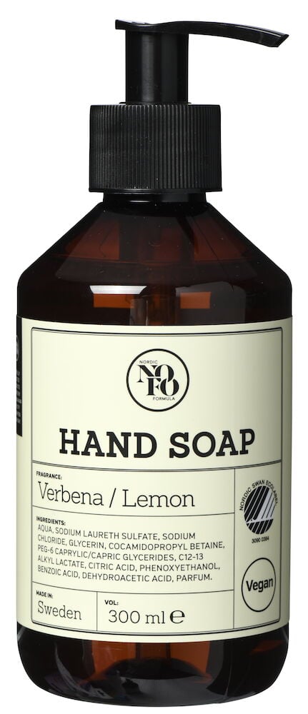 Brun plastflaska med pump och vit etikett.