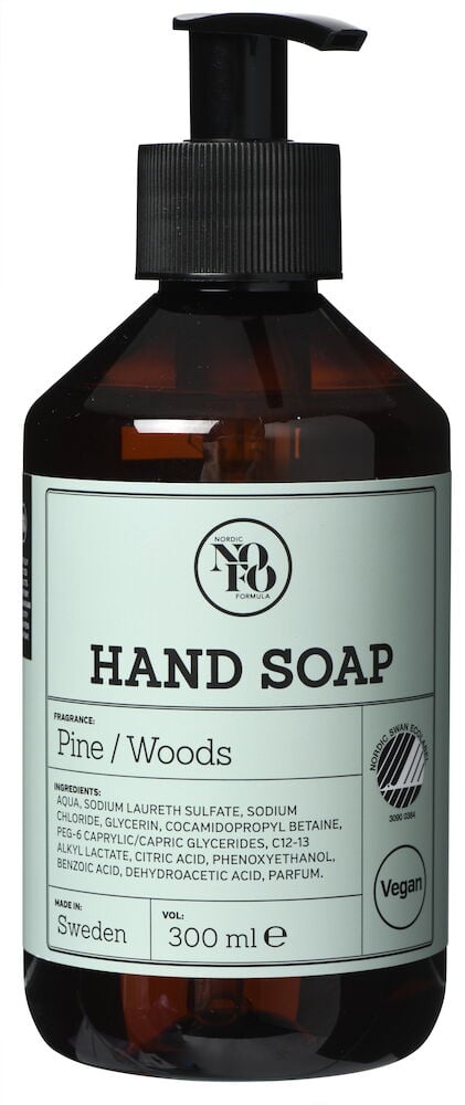 Braune Plastikflasche mit Pumpe und hellgrünem Etikett.