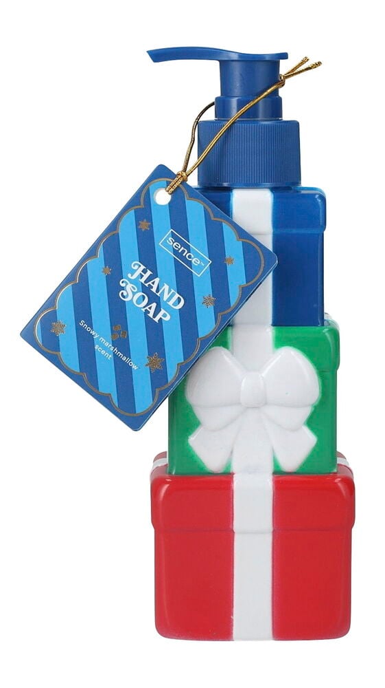 Sence 300 ml Gift boxes Handtvål, dispenser med staplade blå, gröna, röda presentaskar och vita band.
