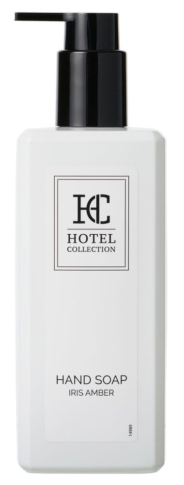 Weiße rechteckige Handseife Hotel Collection 400 ml Flasche mit schwarzem Pumpspender und „IRIS AMBER“ Etikett, Vorderansicht.