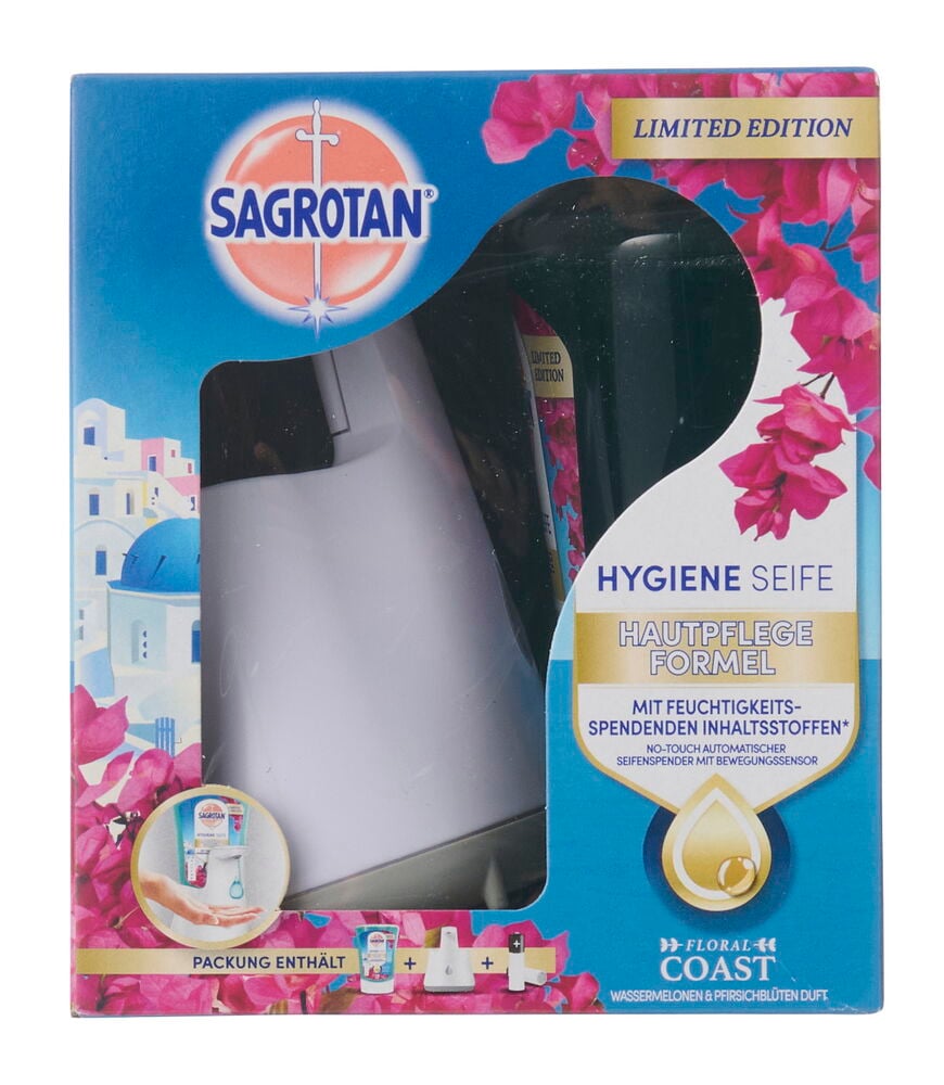 Sagrotan No Touch Seifenspender Starterset, mit weißem Spender, 250ml Floral Coast Nachfüller, Batterien in blauem Karton.