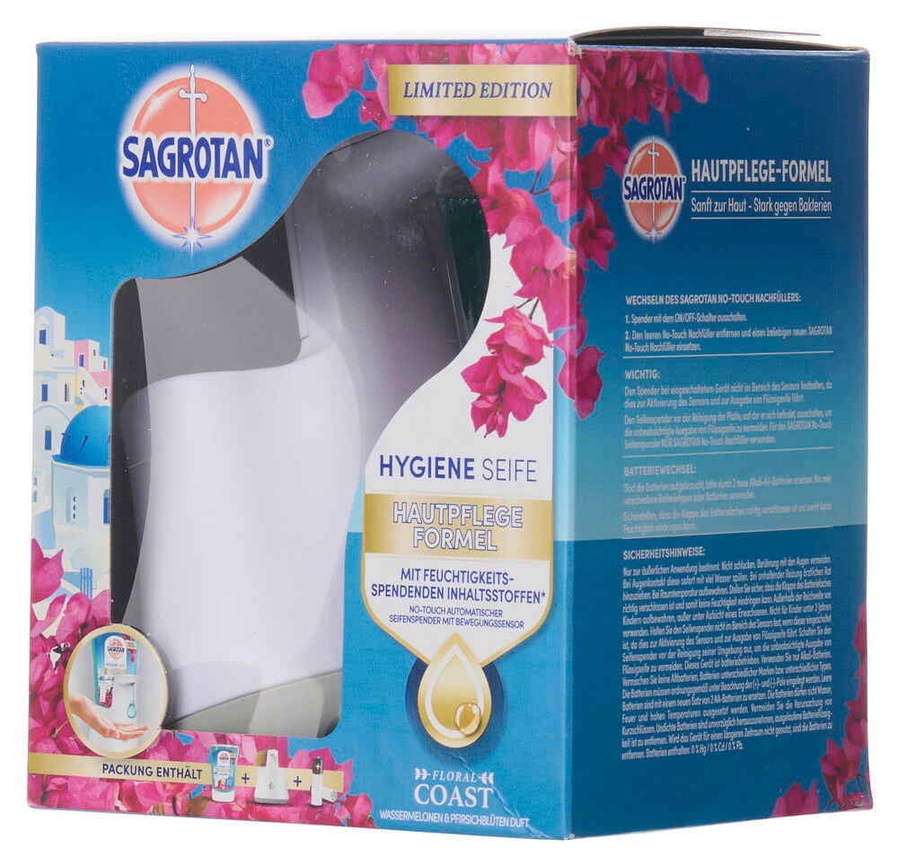 Verpacktes weißes und graues Seifenspender, Starterset Sagrotan No Touch 250 ml Floral Coast.