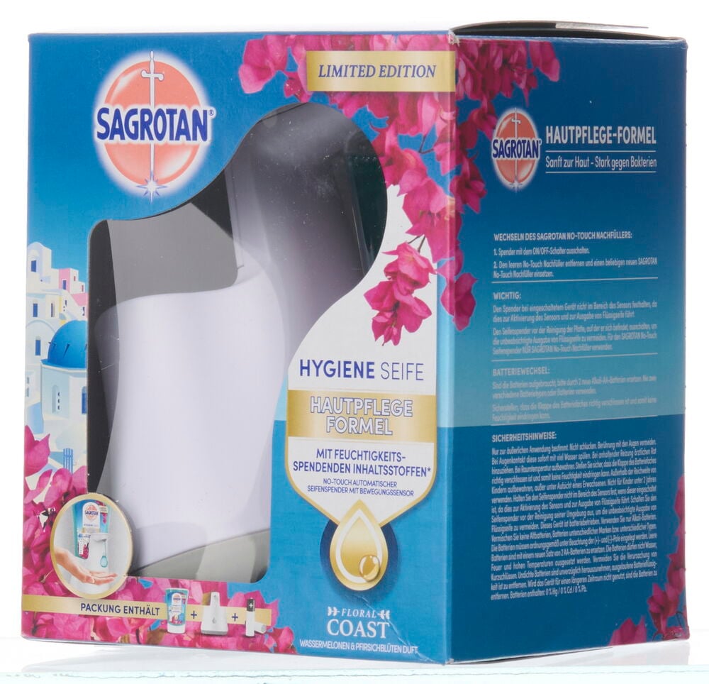 Seifenspender, Starterset Sagrotan No Touch 250 ml Floral Coast in einer weiß-blauen Verpackung.