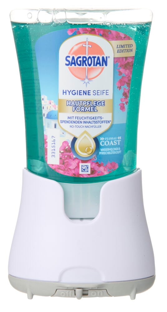 Sagrotan No Touch Floral Coast Seifenspender Starterset mit weißer Basis und türkisfarbener Flüssigseife.