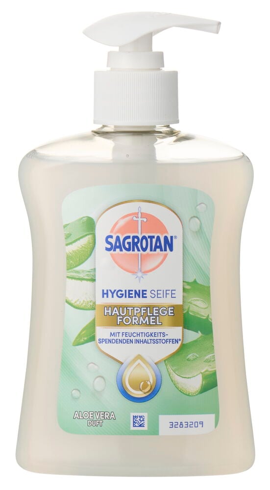 Flüssigseife Sagrotan 250 ml Aloe Vera in klarer Flasche mit weißem Pumpspender und grünem Etikett.