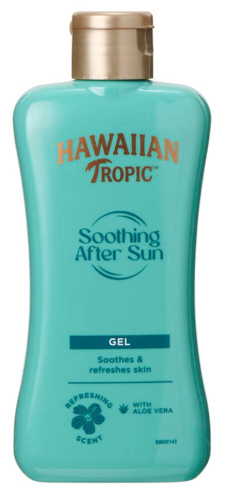 Turkis plastflaske med gullokk og trykt etikett.