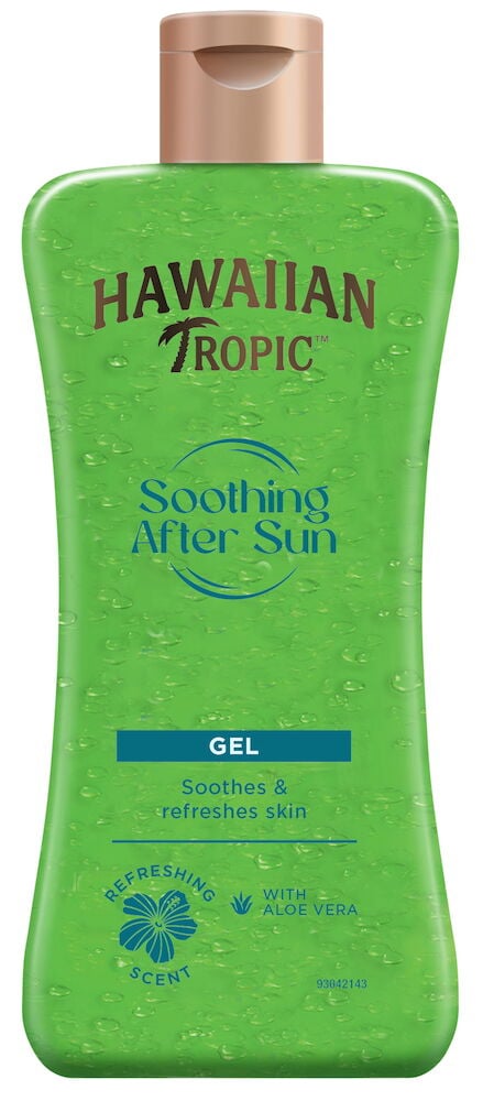 Grønn flaske Hawaiian Tropic beroligende after sun gel.