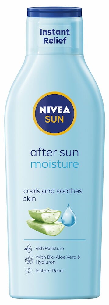 Vaaleansininen pullo Nivea After Sun aloe veralla.