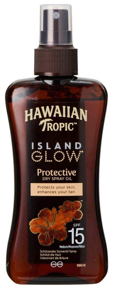 Braune Sprühflasche Hawaiian Tropic Sonnenöl SPF 15.