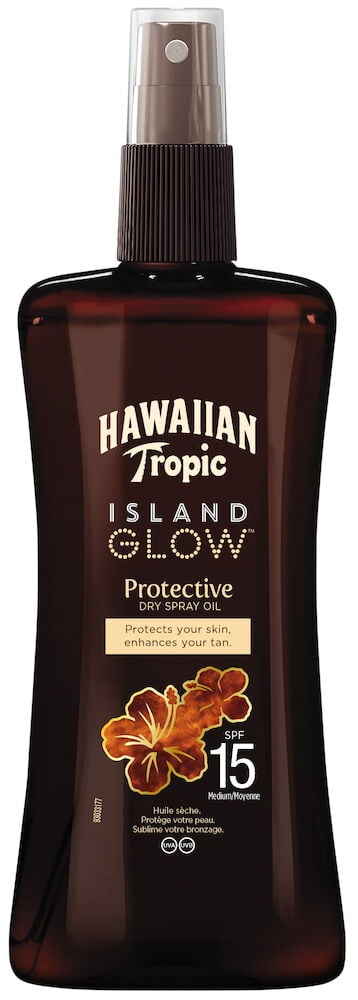 Braune Sprühflasche Hawaiian Tropic Island Glow Sonnenöl.