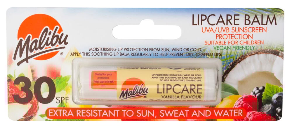 Vaniljanmakuinen huulivoide aurinkosuojalla.