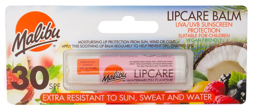 Pakkaus Malibu huulivoide watermelon SPF 30.