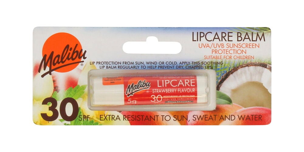 Huulirasva Malibu 1-pack Strawberry 30 valkoisessa läpipainopakkauksessa hedelmäkuvilla.
