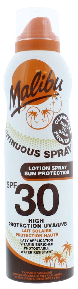 Eine weiße Malibu SPF 30 Continuous Spray Sonnensprayflasche mit braunen und orangen Details und Palmenmotiven.