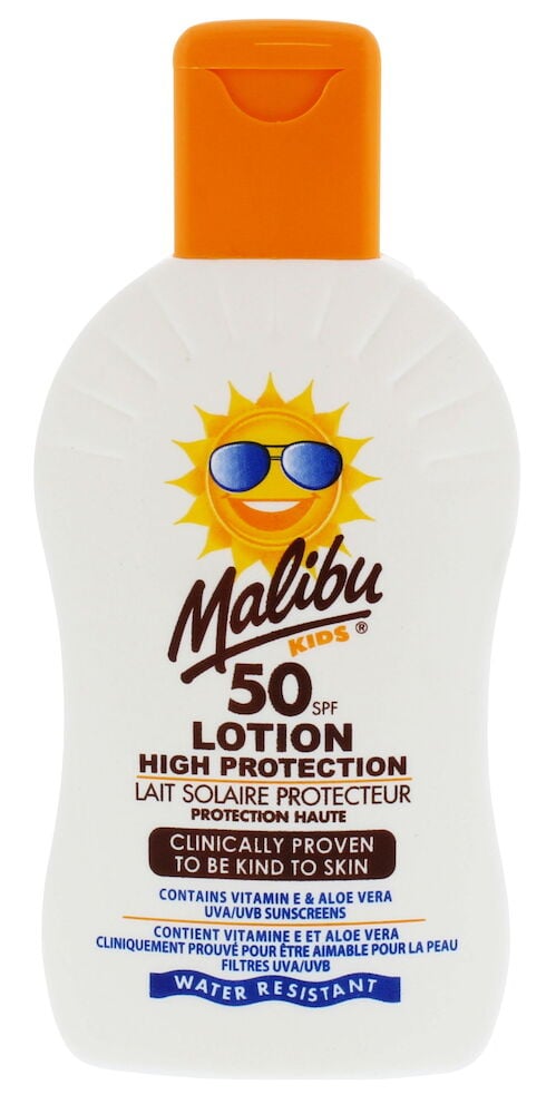 Valkoinen muovipullo Malibu lasten aurinkovoide SPF 50.