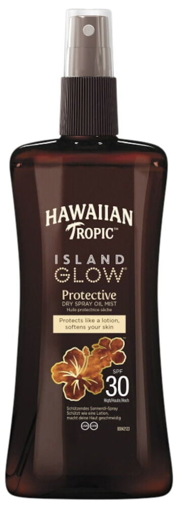Brun Hawaiian Tropic Island Glow Oil Spray SPF30, 200 ml, med hvit tekst, spraytopp og hibiskusblomst.