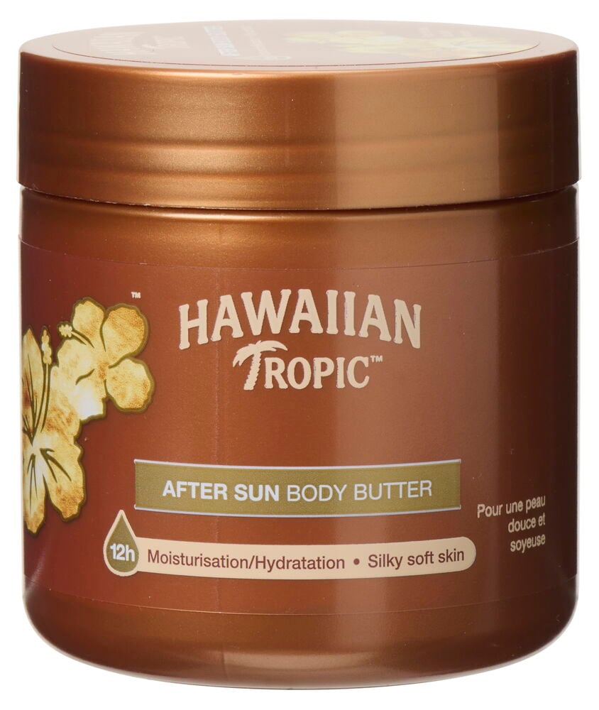 Brauner Plastikbehälter mit Hawaiian Tropic After Sun Body Butter.