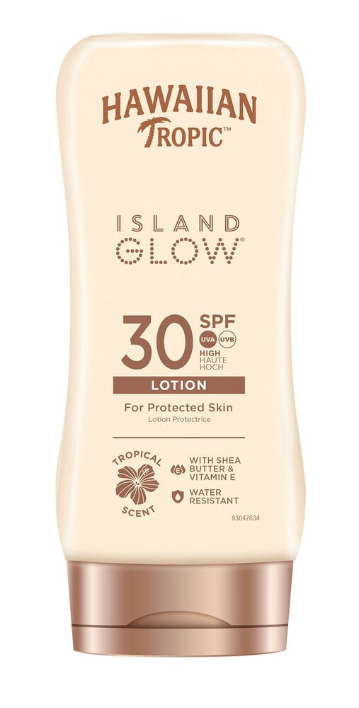 En beige Solkrem Hawaiian Tropic Island Glow SPF 30 flaske med brun kork, forfra, stående oppreist.