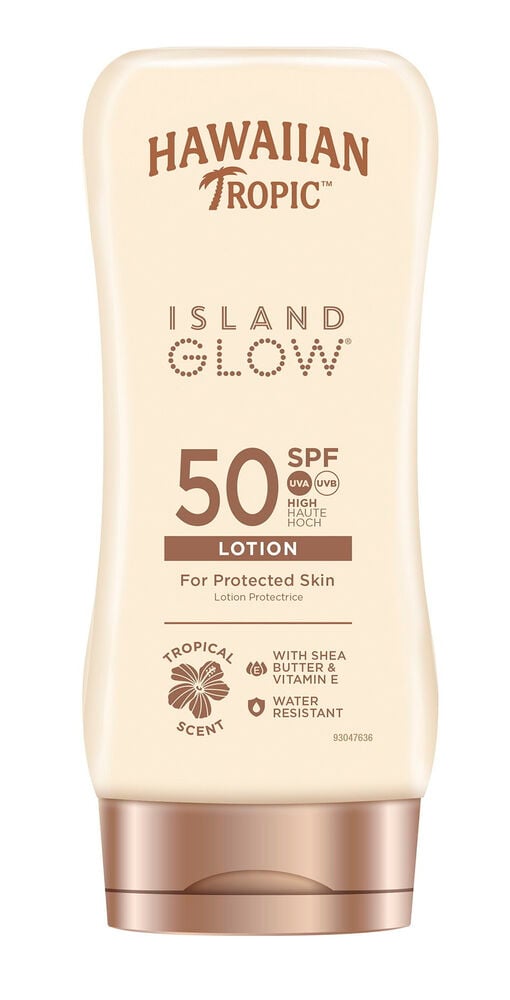 En beige Hawaiian Tropic Island Glow SPF 50 solkremflaske med brunt lokk, sett forfra.