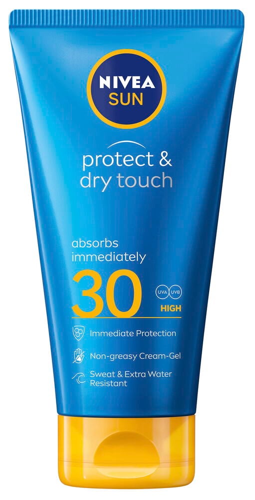 Sininen Nivea Aurinkosuoja Cream-Gel tuubi keltaisella korkilla, 30 SPF Protect & Dry Touch.