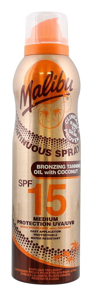Vorderansicht von gold-orange Malibu 175 ml Coconut kontinuierliches Bräunungsölspray, LSF 15.