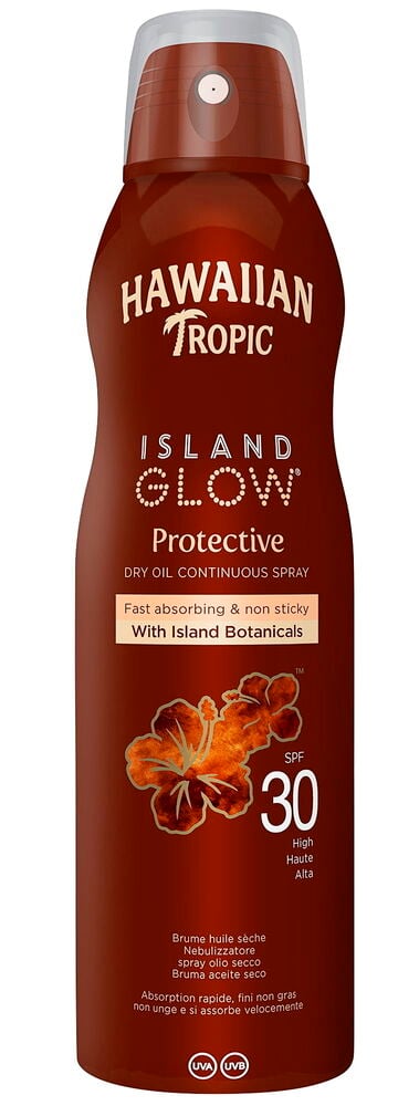 Brun Hawaiian Tropic Island Glow SPF 30 solsprayflaske med blomstermotiv på etiketten, forfra.