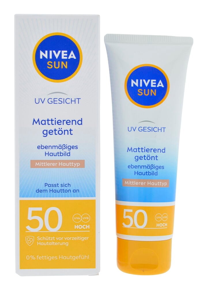 Sonnencreme, Gesicht Nivea 50 ml Tinted SPF50 Tube neben ihrer Produktverpackung.