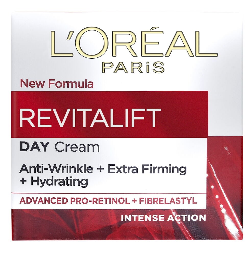Forpakning til L'Oréal Revitalift dagkrem med rød-hvit design.