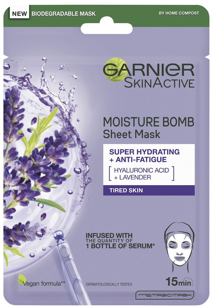 Violetti pakkaus, jossa on Garnier laventeli sheet mask.