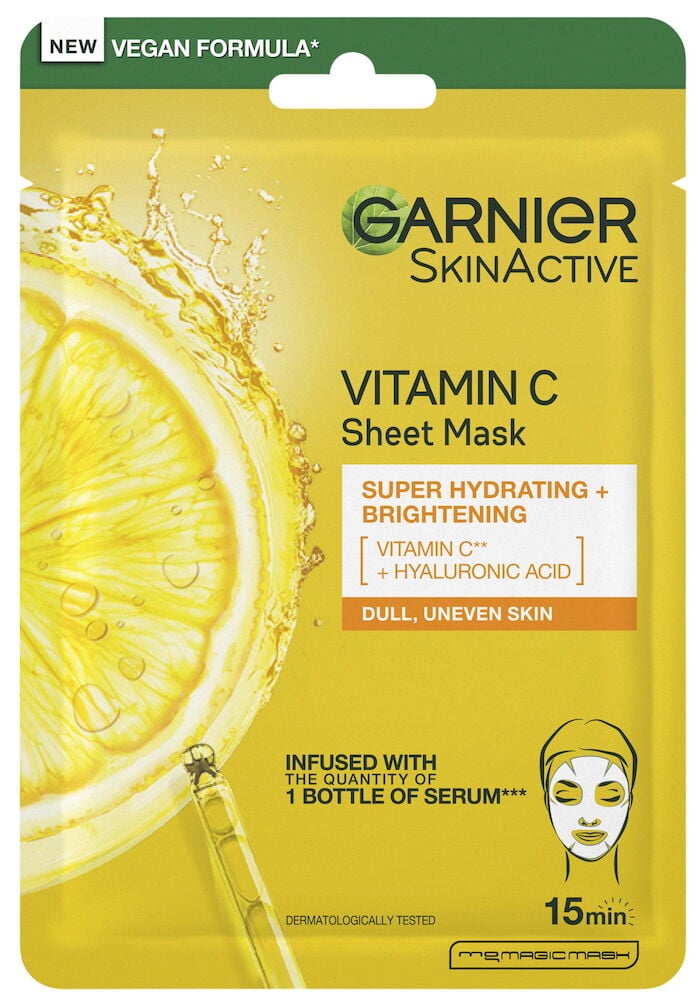 Keltainen pakkaus Garnier SkinActive Vitamin C -kangasmaskilla.