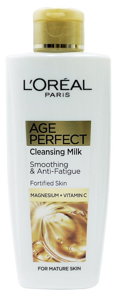 Reinigungslotion L'Oréal Paris 200 ml Age Perfect in einer weißen Flasche mit goldfarbenem Verschluss.