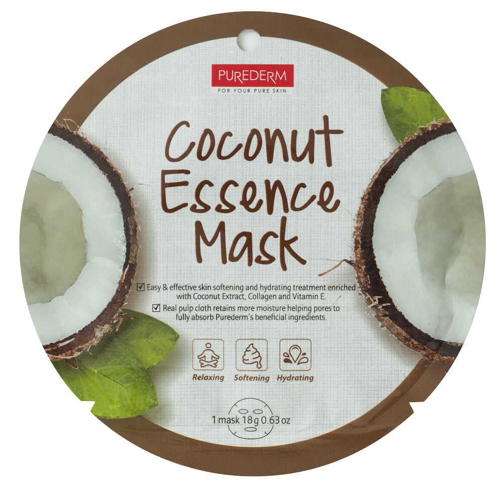 Runde Kokos-Gesichtsmaske in Einwegverpackung mit braunem Etikett.