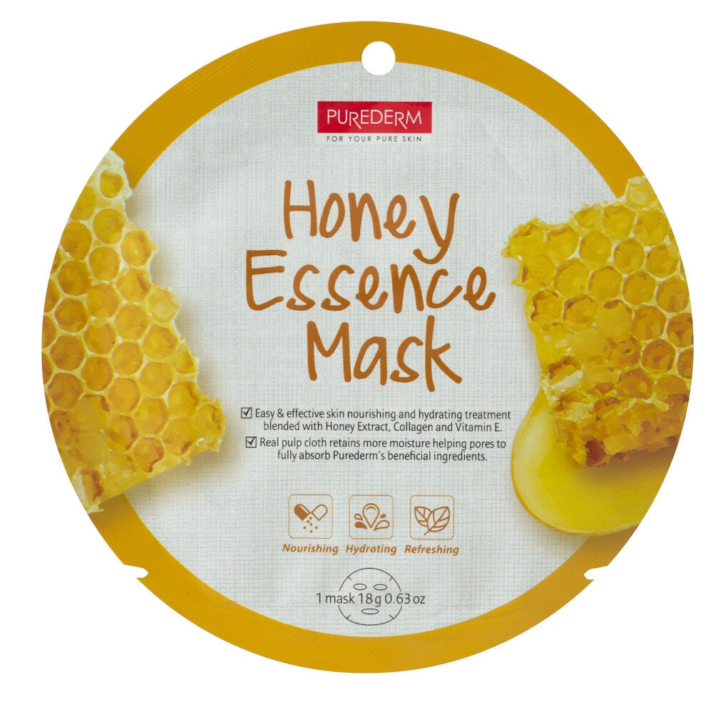 Runde Verpackung mit Honigwabe und Text Honey Essence Mask.