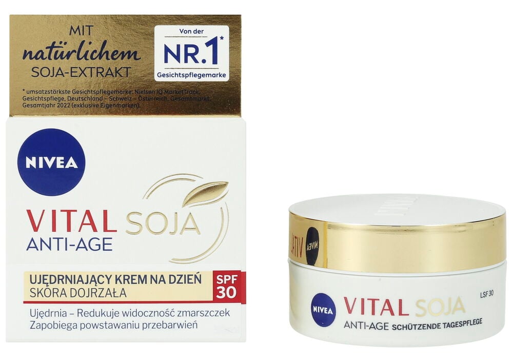 Tagescreme Nivea 50 ml Vital Soja Anti-Age SPF30 Verpackung mit passendem weißen Tiegel mit Golddeckel.