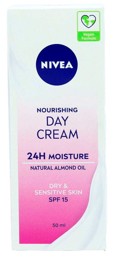 Weiße Nivea Tagescreme Packung, 50 ml, für trockene und empfindliche Haut, mit LSF 15.