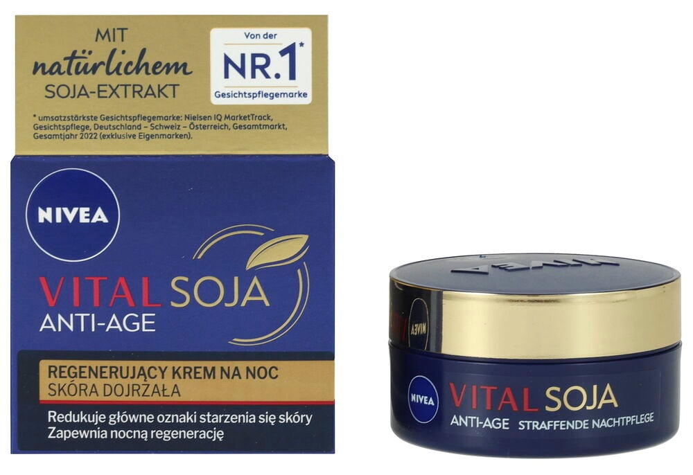Eine Nivea Vital Soja Anti-Age Nachtcreme Tiegel mit Golddeckel und die dazugehörige blau-goldene Schachtel.