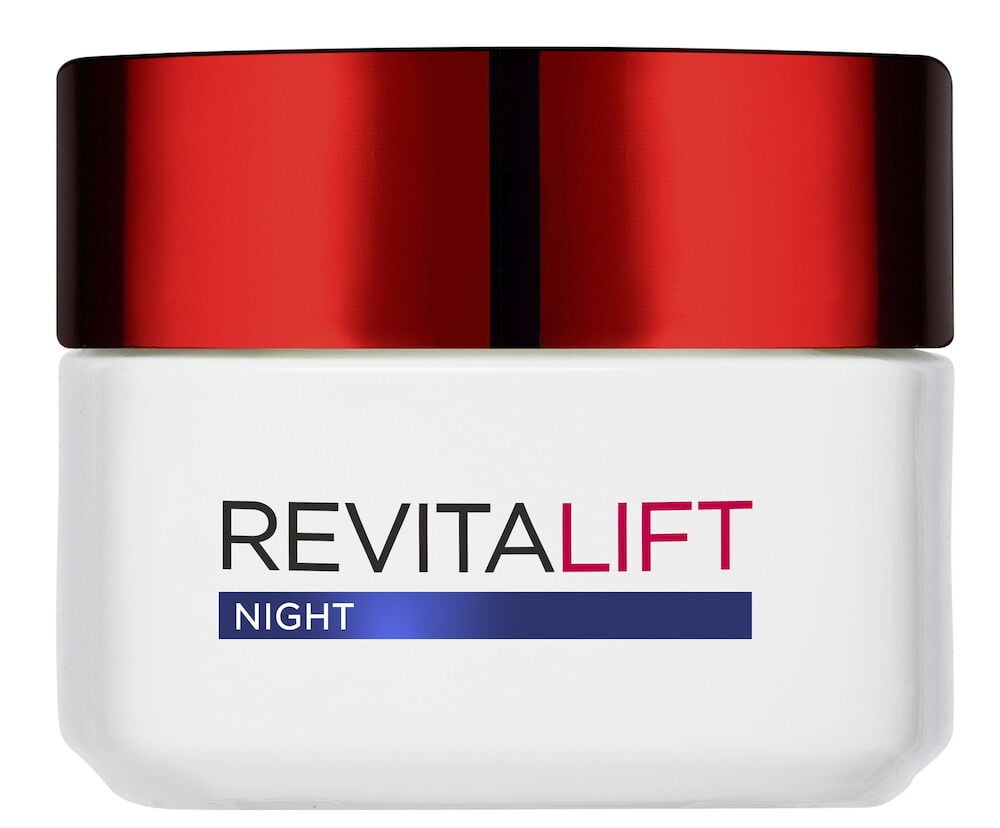 Nattkräm L'Oréal Revitalift 50 ml Anti-Wrinkle + Extra-Firming + Hydrating i vit fyrkantig burk med rött lock.