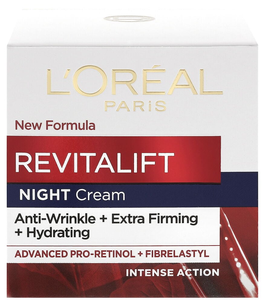 Vit och röd Revitalift nattkräm förpackning, Anti-Wrinkle + Extra-Firming + Hydrating.